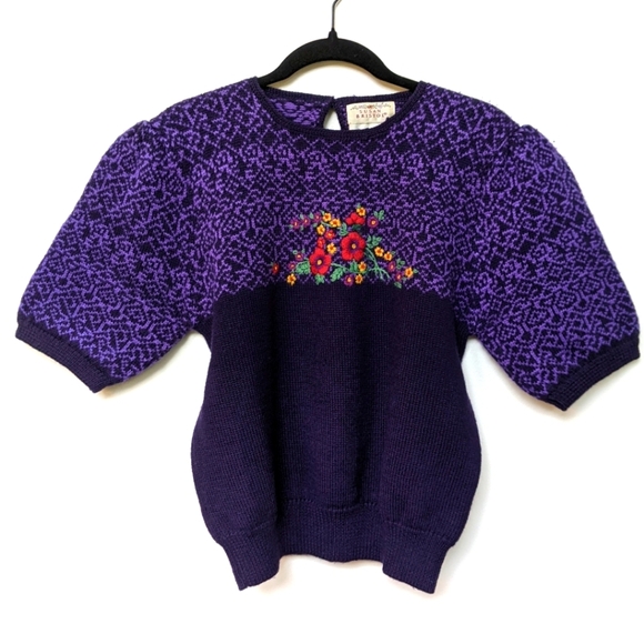 Susan Bristol Sweaters - Vintage 80s Susan Bristol Puff Sleeve Sweater Wool Purple Floral Embroidered M